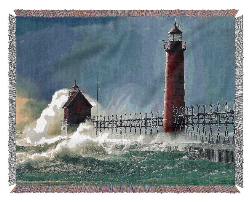 Lighthouse Stormy Sea Woven Blanket