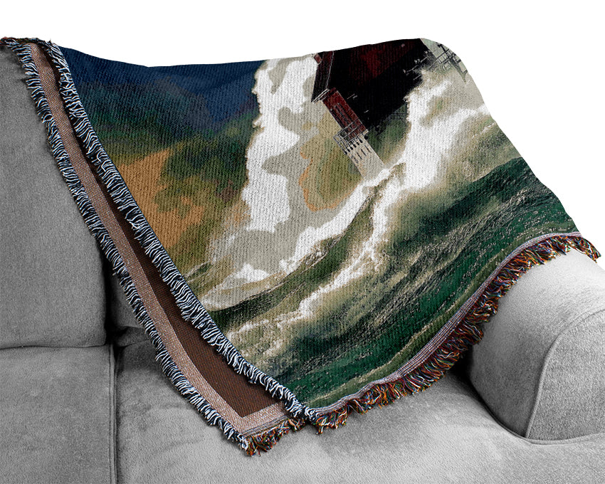 Lighthouse Stormy Sea Woven Blanket