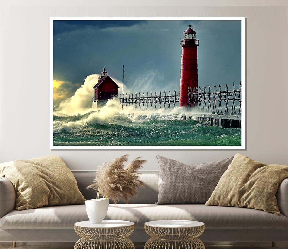 Lighthouse Stormy Sea Print Poster Wall Art