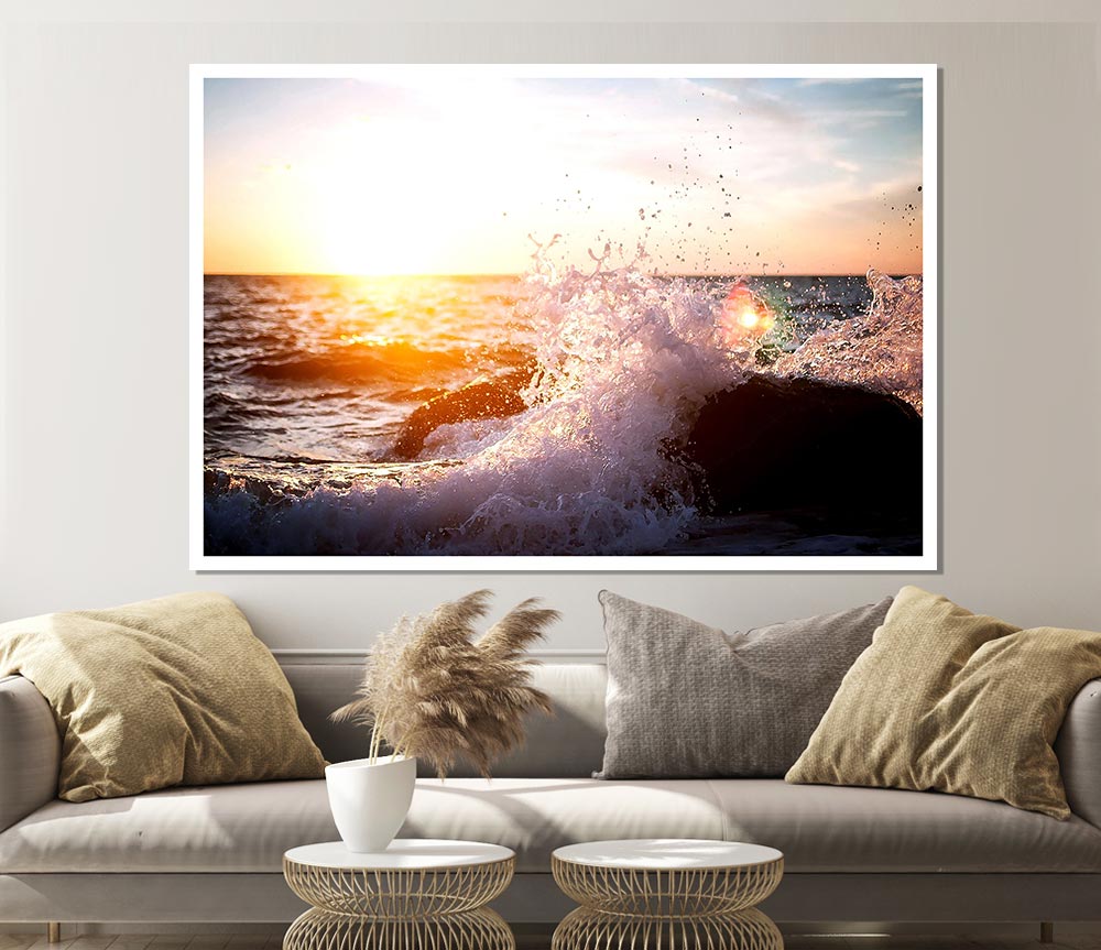Crashing Waves In The Sunset Print Poster Wall Art