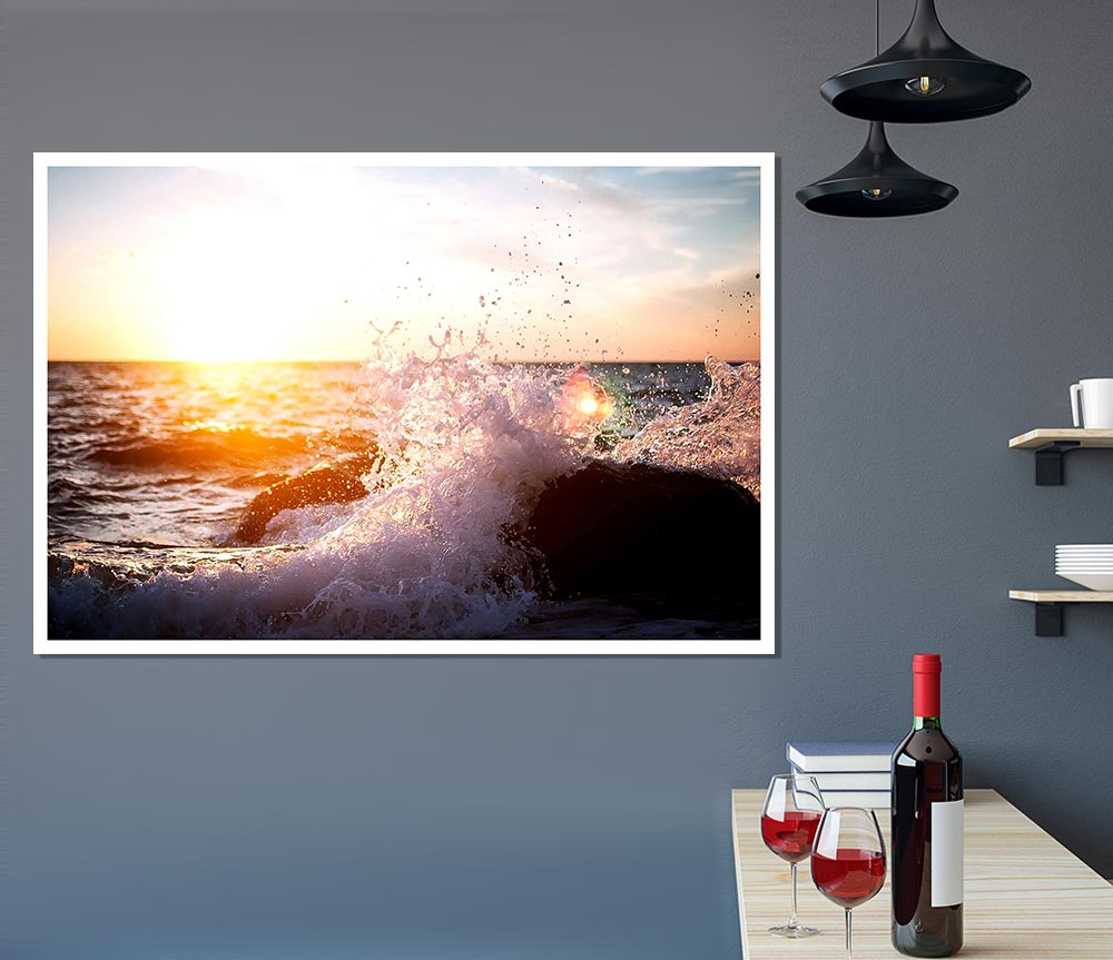 Crashing Waves In The Sunset Print Poster Wall Art
