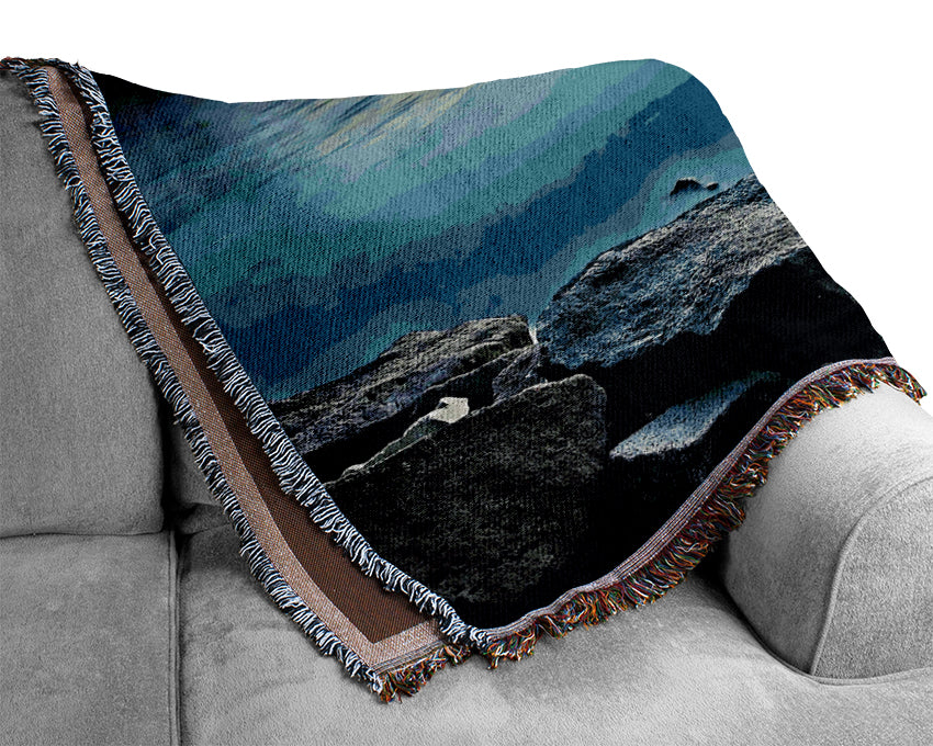 Ice Blue Ocean Rocks Woven Blanket