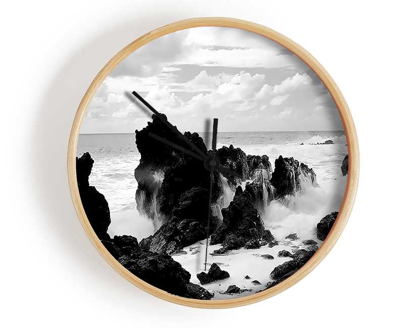 Crashing Waves Over Rocks B n W Clock - Wallart-Direct UK