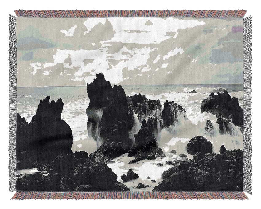 Crashing Waves Over Rocks B n W Woven Blanket