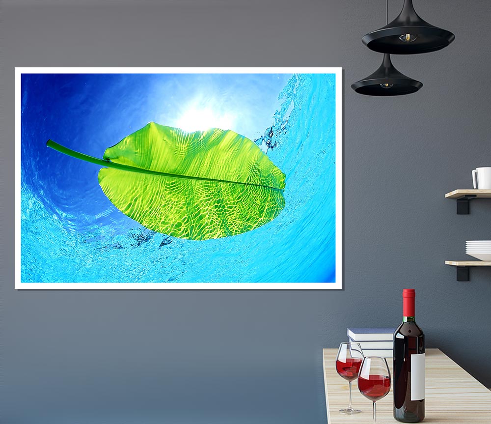 Blue Waters Of A Green Leaf Print Poster Wall Art