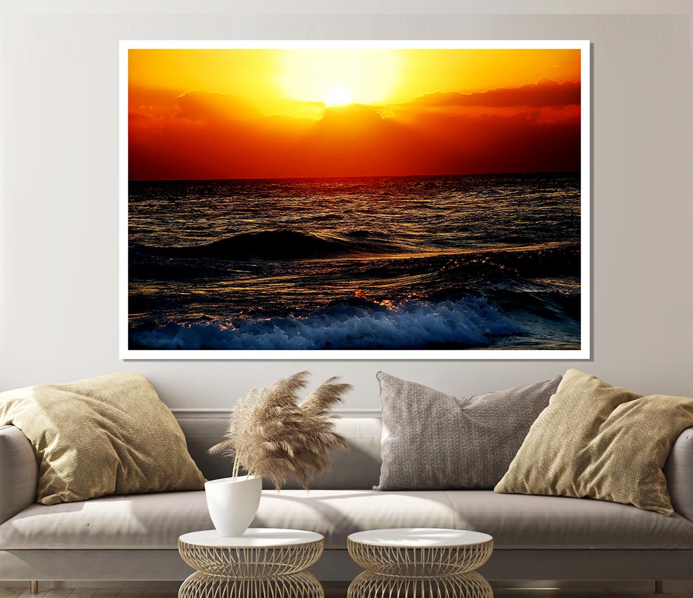 Blazing Sun Over The Crystal Ocean Print Poster Wall Art