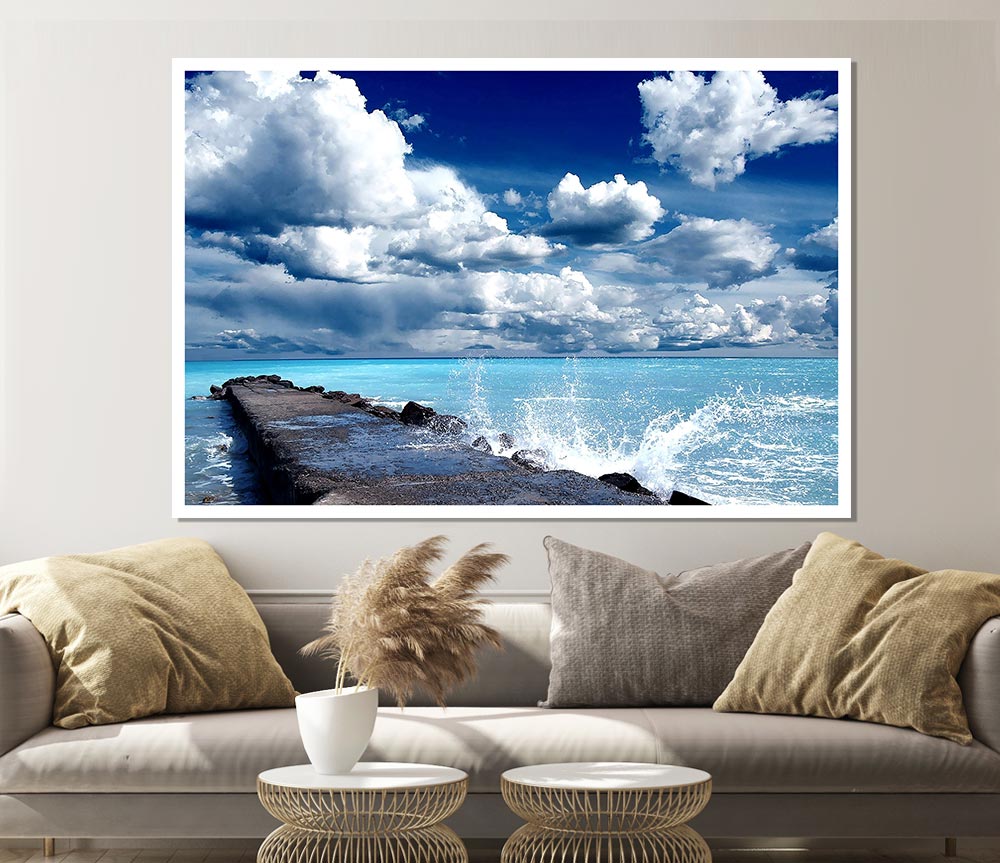 Gentle Waves Crashing In The Cloud Filled Sky Print Poster Wall Art