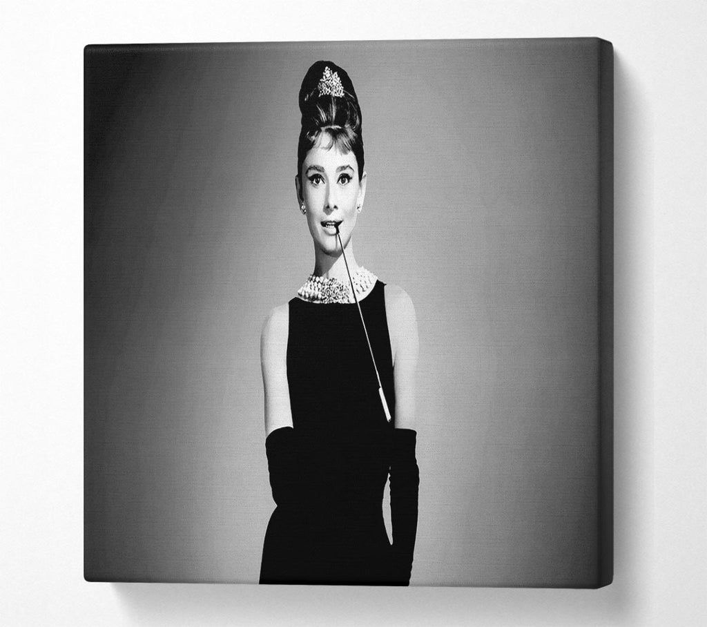 Picture of Audrey Hepburn Cigarette Breakfast At Tiffanys Square Canvas Wall Art