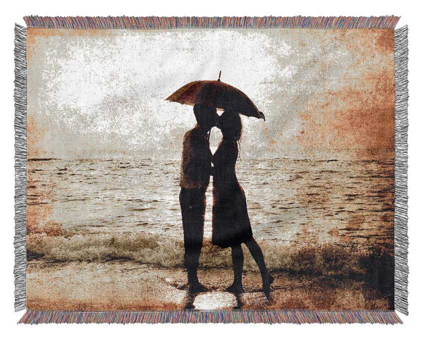 Romantic Love Couple In The Rain Woven Blanket