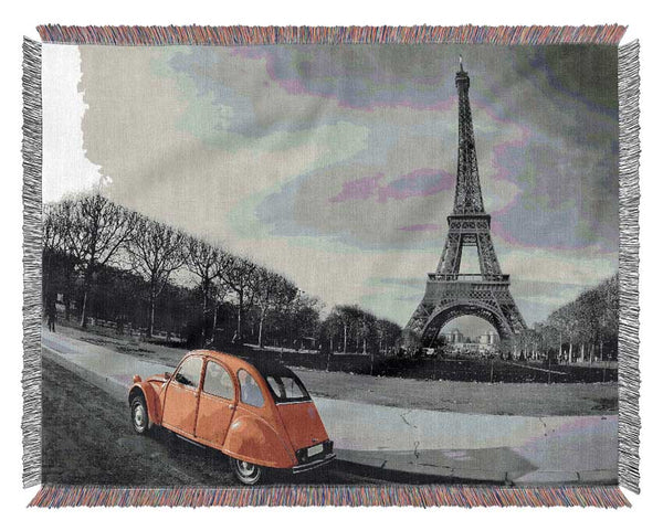 Red Car-Eiffel Tower Paris Woven Blanket