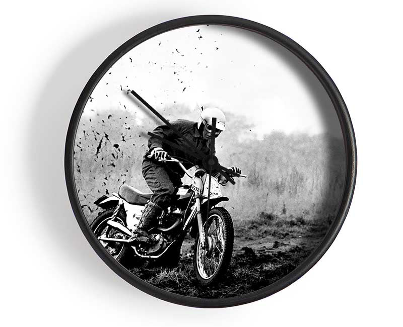 Motor Bike In The Mud B n W Clock - Wallart-Direct UK