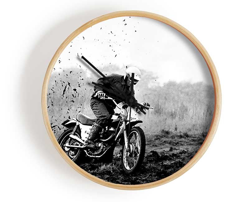 Motor Bike In The Mud B n W Clock - Wallart-Direct UK