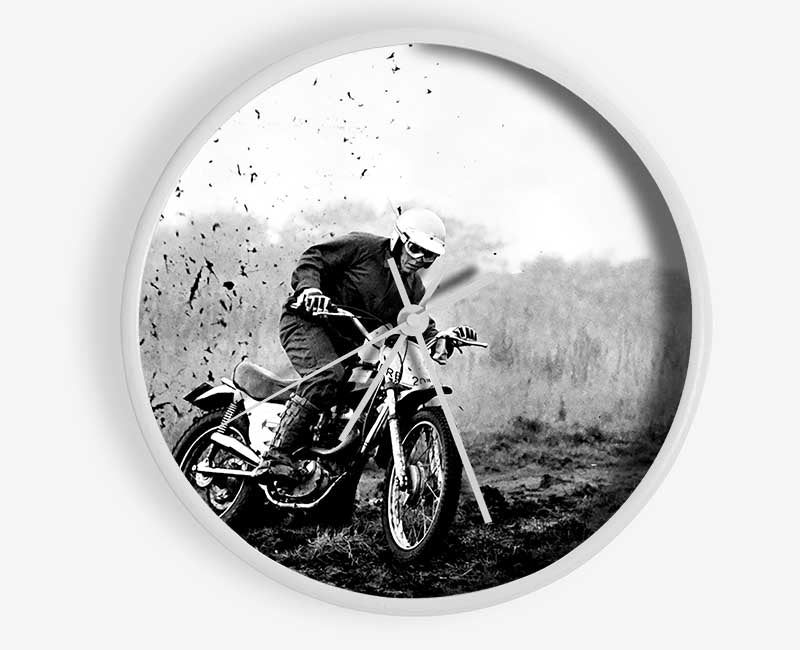 Motor Bike In The Mud B n W Clock - Wallart-Direct UK