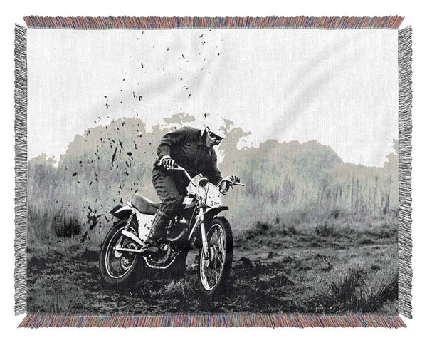 Motor Bike In The Mud B n W Woven Blanket