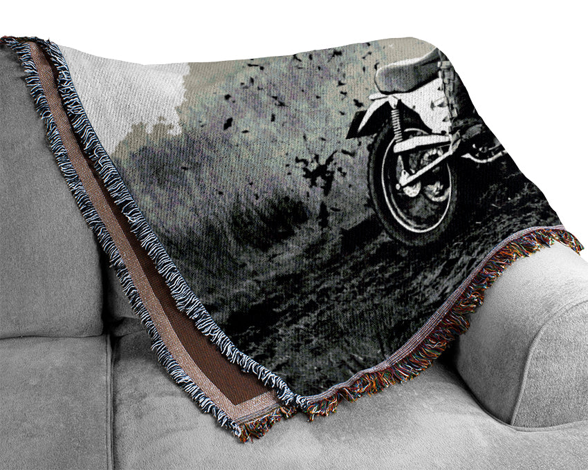 Motor Bike In The Mud B n W Woven Blanket