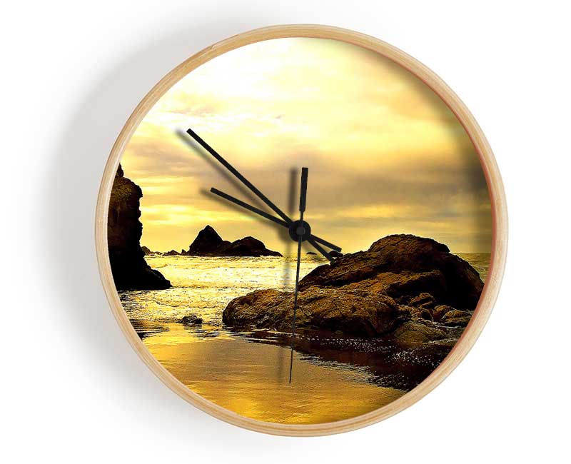 Rocky Beach At Yellow Dawn Clock - Wallart-Direct UK