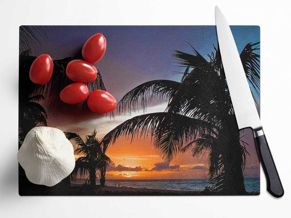 Palm Trees On The Beach Sunset Glass Chopping Board