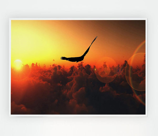 Eagle Flying In The Burnt Orange Sky Print Poster Wall Art