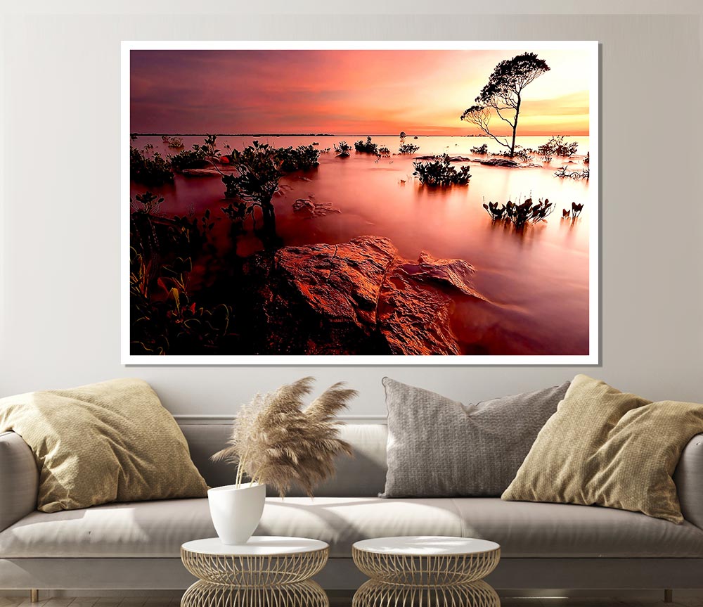 Tranquil Pink Ocean Trees Print Poster Wall Art