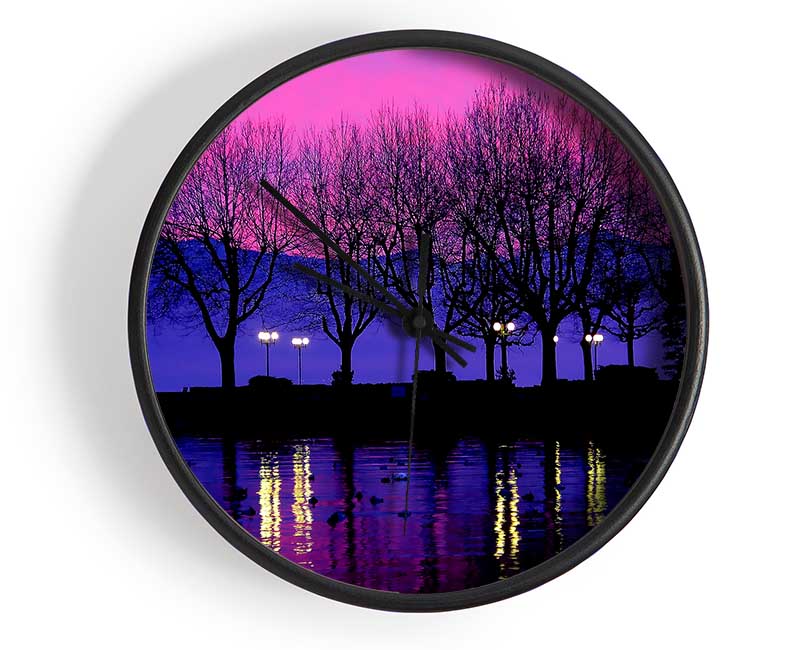 Surreal Pink Skies Over The Purple Lake Clock - Wallart-Direct UK