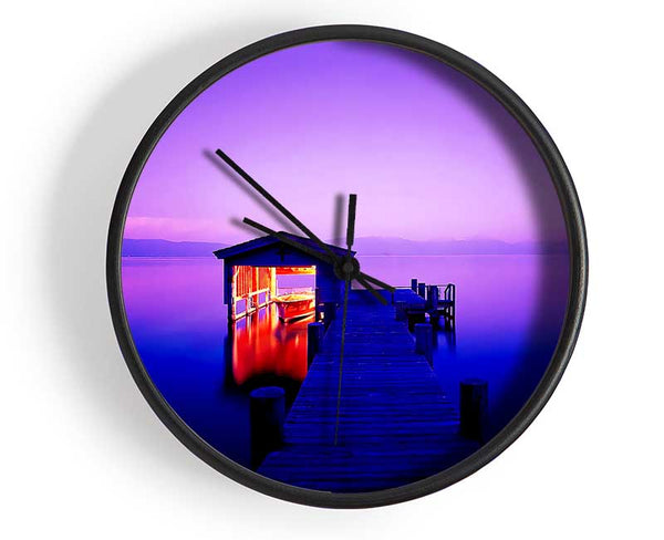 Tranquil Lake Boat House Purple Clock - Wallart-Direct UK