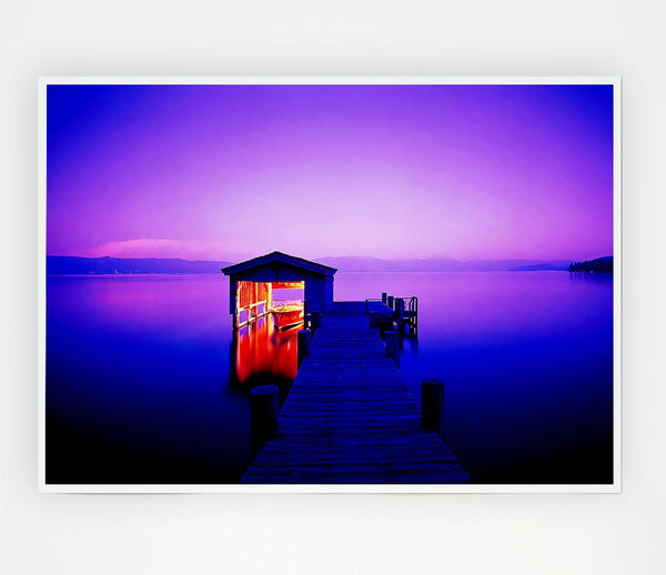 Tranquil Lake Boat House Purple Print Poster Wall Art