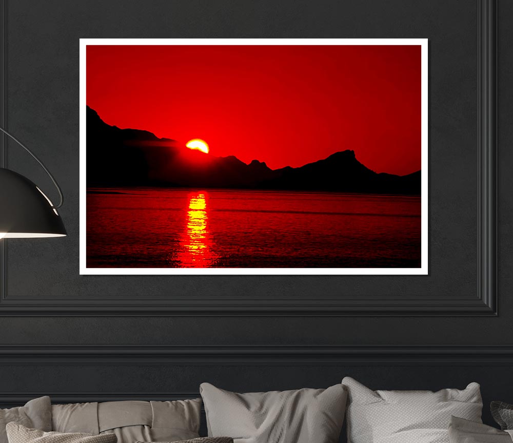 Vibrant Red Ocean Sunset Print Poster Wall Art