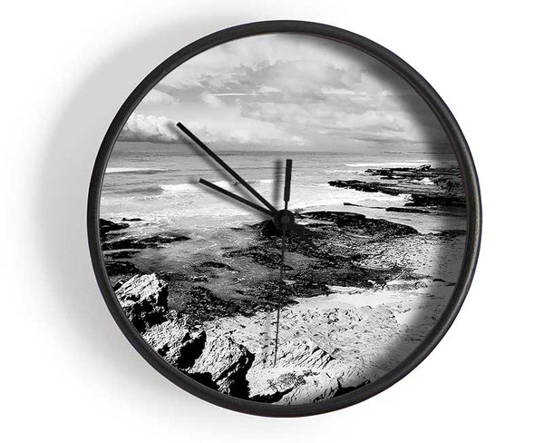 Rocks Of The Ocean Black And White Clock - Wallart-Direct UK