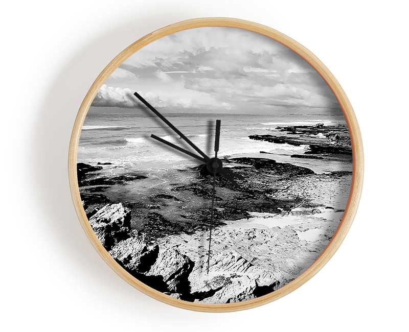 Rocks Of The Ocean Black And White Clock - Wallart-Direct UK