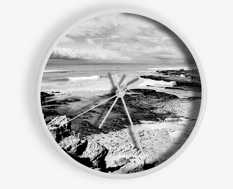 Rocks Of The Ocean Black And White Clock - Wallart-Direct UK