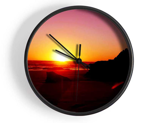Pink Sunset Horizon Over The Ocean Rocks Clock - Wallart-Direct UK