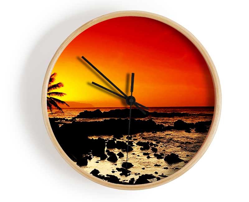 Stunning Palm Tree Ocean Rocks Clock - Wallart-Direct UK