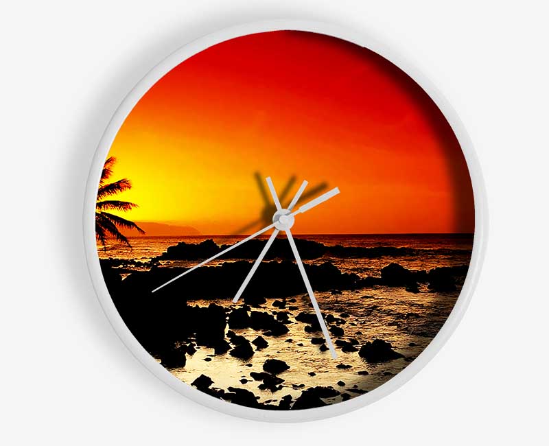 Stunning Palm Tree Ocean Rocks Clock - Wallart-Direct UK