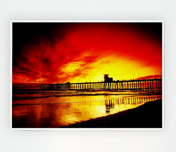 Fire Skies Over The Pier Print Poster Wall Art