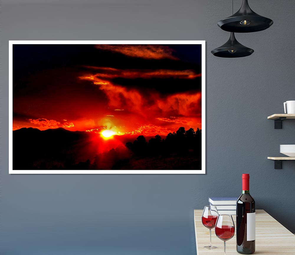 Vibrant Red Sun Clouds Print Poster Wall Art