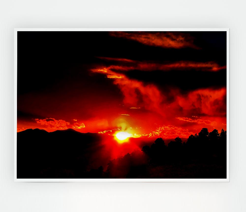 Vibrant Red Sun Clouds Print Poster Wall Art