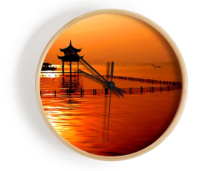 Sunset Orange Lake Calm Clock - Wallart-Direct UK