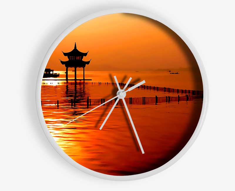 Sunset Orange Lake Calm Clock - Wallart-Direct UK