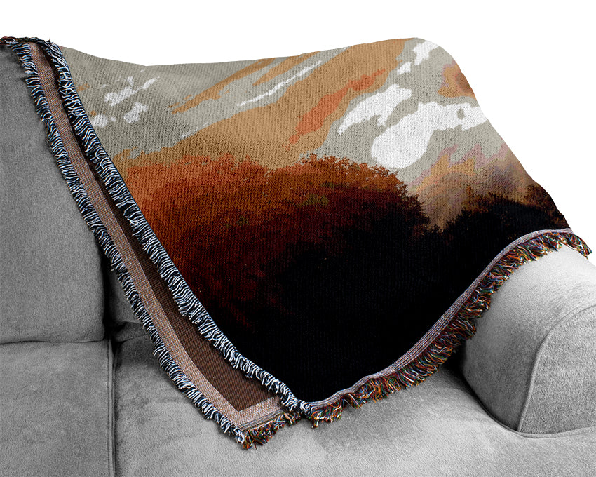 Morning Mist Over The Forest Woven Blanket