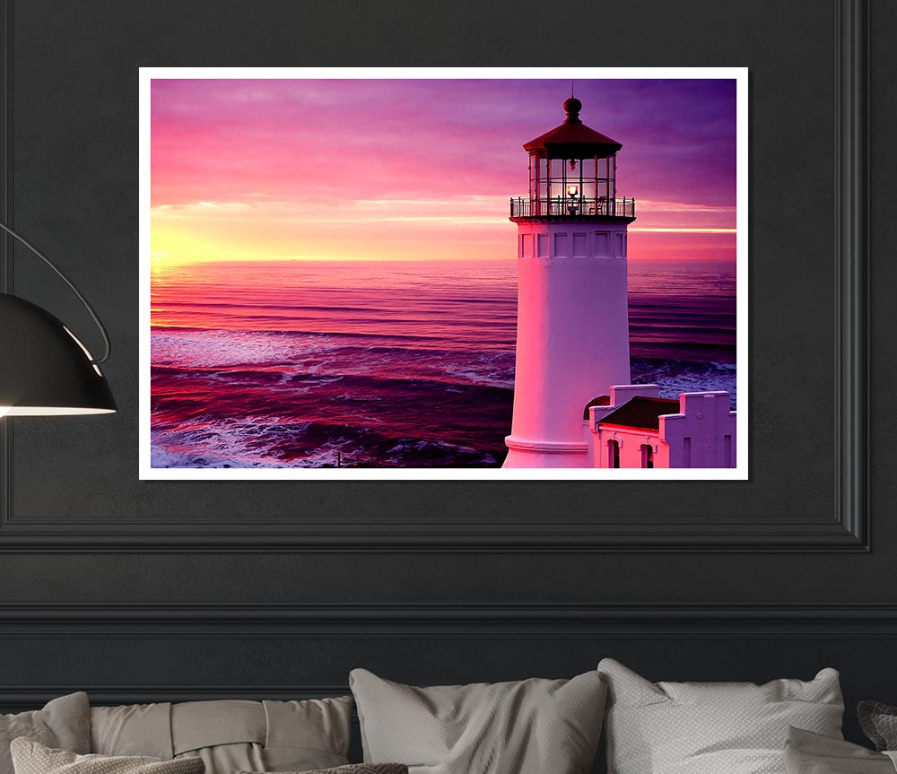 Lighthouse Pink Sunset Print Poster Wall Art