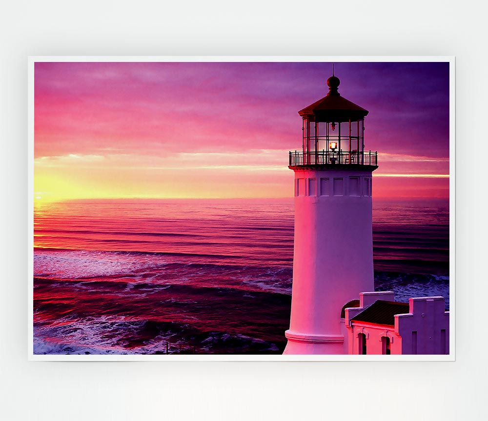 Lighthouse Pink Sunset Print Poster Wall Art
