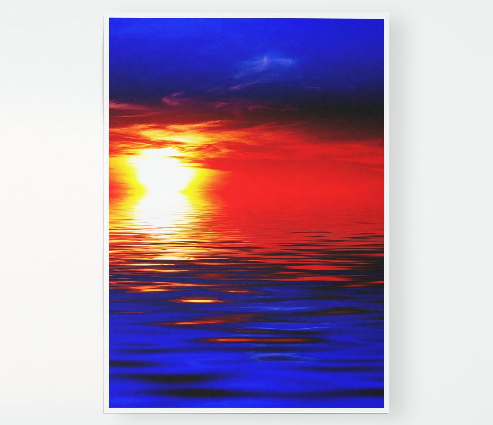 Electric Blue Ocean Sunset Print Poster Wall Art