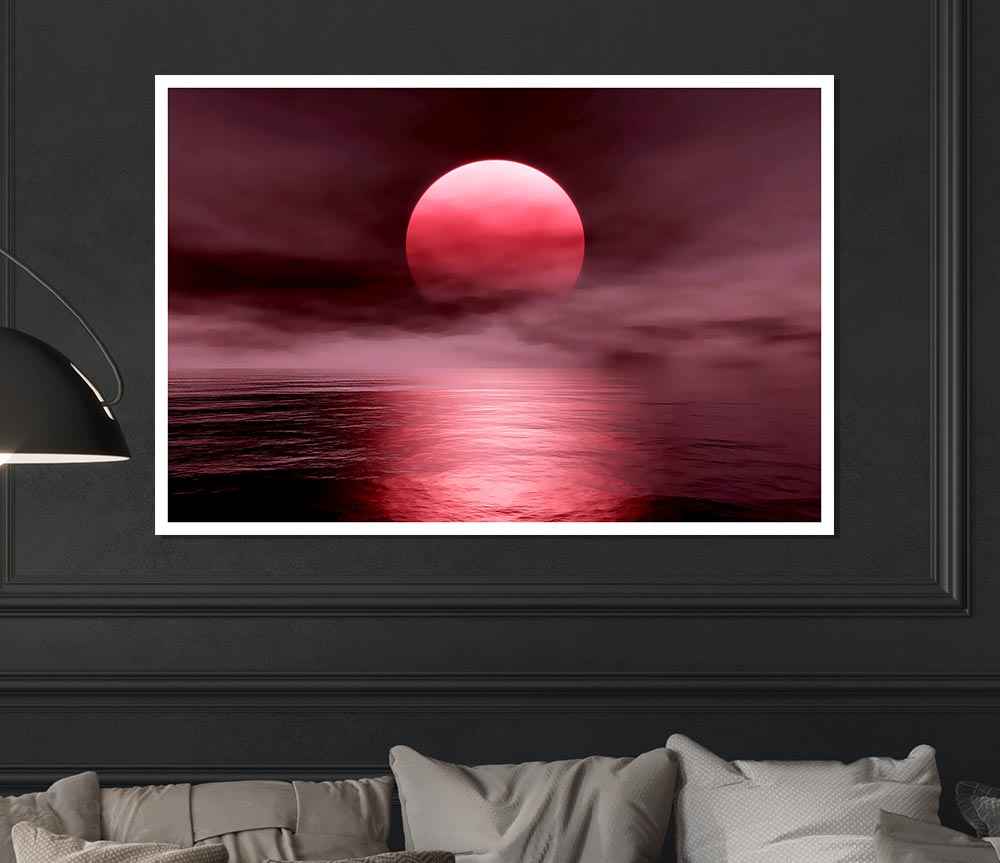 The Huge Red Sun Over The Grey Ocean Print Poster Wall Art