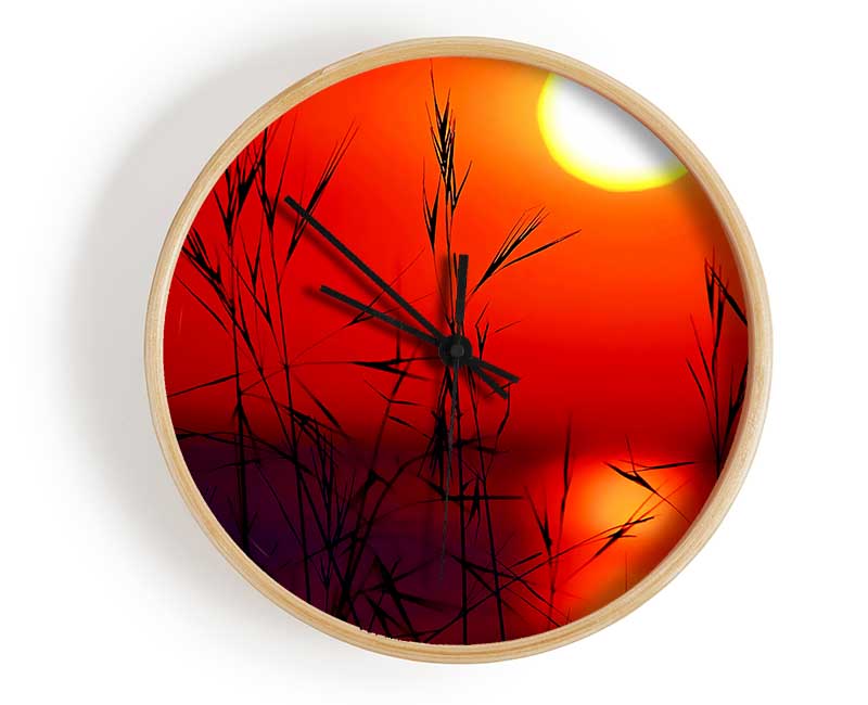 Sun Through The Red Reeds Clock - Wallart-Direct UK