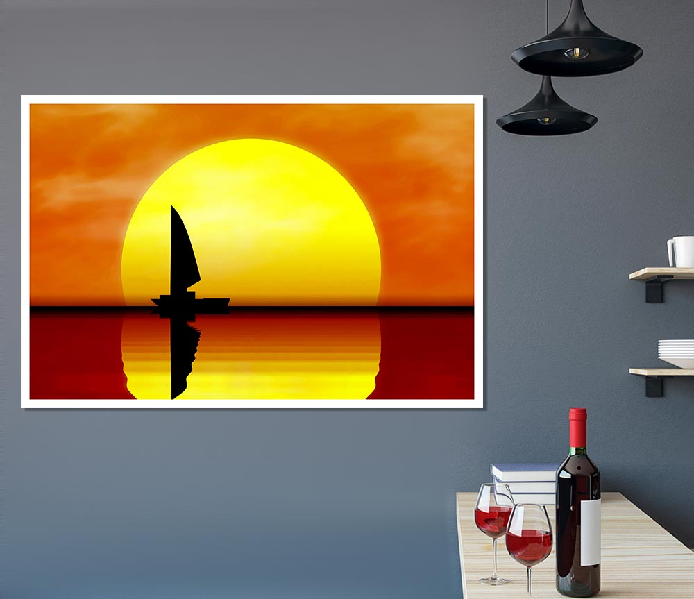 Boat Sailing In The Sunset Print Poster Wall Art