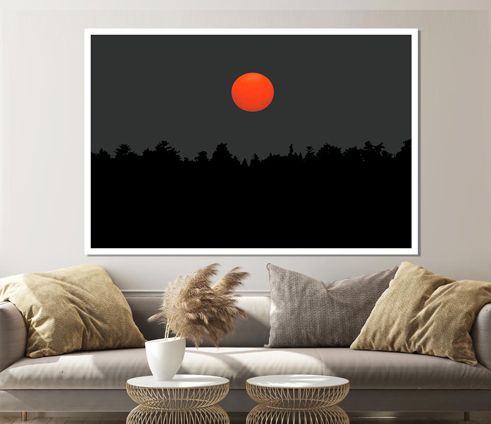 The Red Sun Over The Grey Treeline Print Poster Wall Art