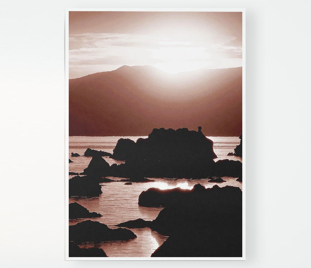 The Suns Mauve Ocean Rocks Print Poster Wall Art