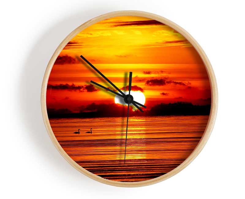 Swans On The Orange Ocean Reflection Clock - Wallart-Direct UK