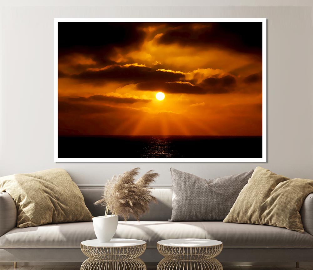 Golden Sun Rays Through The Clouds Print Poster Wall Art