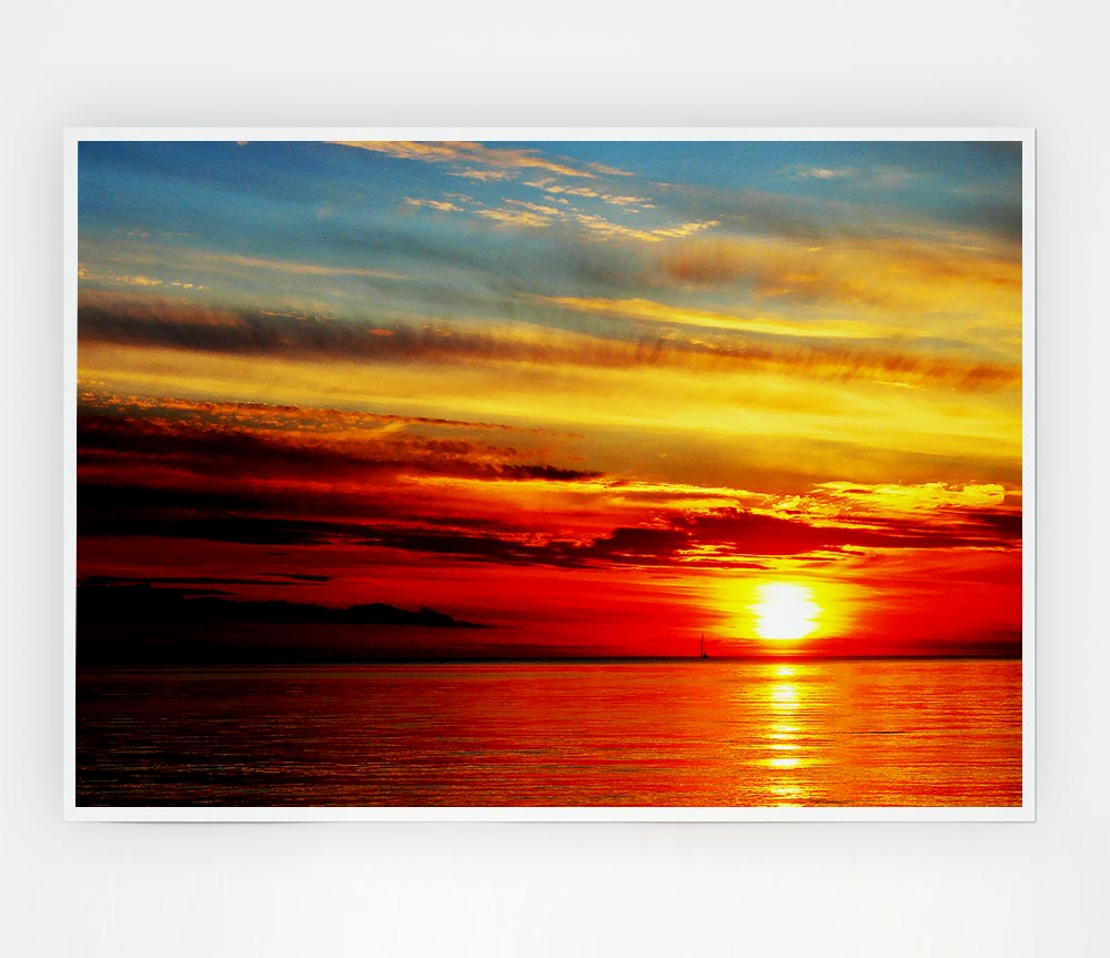 Distant Ocean Sailboat Sunset Print Poster Wall Art
